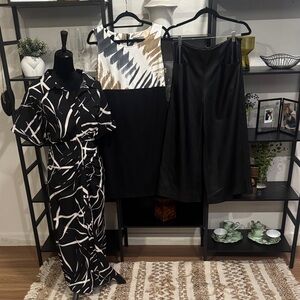 Black and White Patterned Dresses and Faux Leather Pants